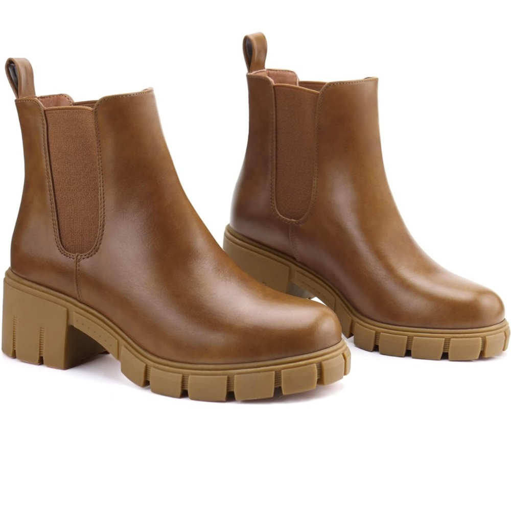 starmerx Women Platform Ankle Chelsea Boots Mid Heel Slip on Booties